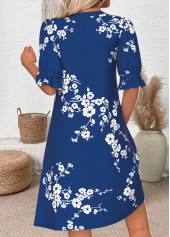 Floral Print Navy Short Half Sleeve Split Neck Dress