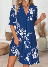 Floral Print Navy Short Half Sleeve Split Neck Dress
