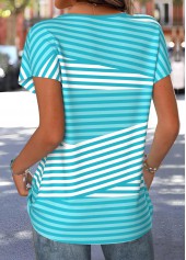 Striped Cyan Short Sleeve Round Neck T Shirt