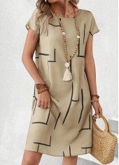 Geometric Print Light Camel Short Sleeve Round Neck Dress