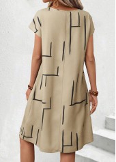 Geometric Print Light Camel Short Sleeve Round Neck Dress