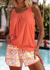 Mid Waisted Geometric Print Orange Tankini Set