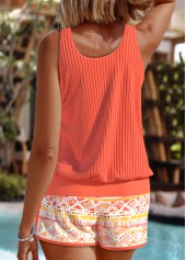 Mid Waisted Geometric Print Orange Tankini Set