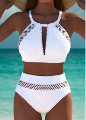 Mid Waisted White Hollow Out Bikini Set