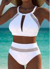 Mid Waisted White Hollow Out Bikini Set