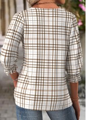 Plaid Light Camel 3/4 Sleeve Round Neck Blouse