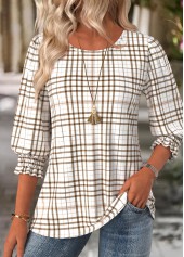 Plaid Light Camel 3/4 Sleeve Round Neck Blouse