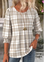 Plaid Light Camel 3/4 Sleeve Round Neck Blouse