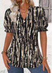 Geometric Print Black Short Sleeve Stand Collar Blouse