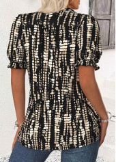 Geometric Print Black Short Sleeve Stand Collar Blouse