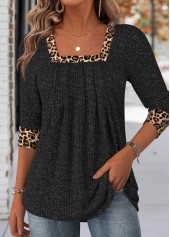 Leopard Black Long Sleeve Square Neck T Shirt