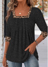 Leopard Black Long Sleeve Square Neck T Shirt
