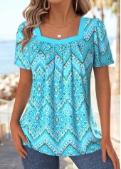 Geometric Print Cyan Short Sleeve Square Neck T Shirt