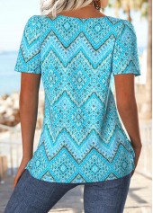 Geometric Print Cyan Short Sleeve Square Neck T Shirt