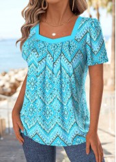 Geometric Print Cyan Short Sleeve Square Neck T Shirt