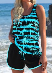 Mid Waisted Tropical Plants Print Black Tankini Set