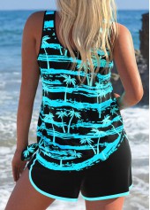 Mid Waisted Tropical Plants Print Black Tankini Set