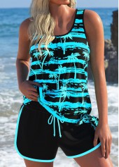 Mid Waisted Tropical Plants Print Black Tankini Set