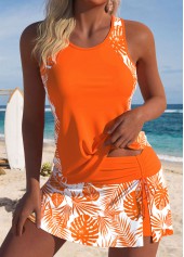 Mid Waisted Leaf Print Orange Tankini Set