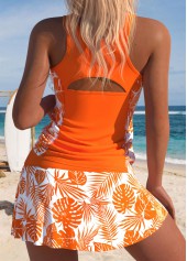 Mid Waisted Leaf Print Orange Tankini Set