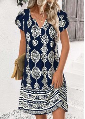 Tribal Print Navy Short Split Neck Dress