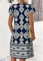 Tribal Print Navy Short Split Neck Dress