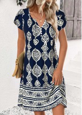 Tribal Print Navy Short Split Neck Dress