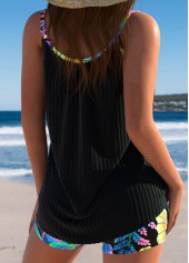 Mid Waisted Tropical Plants Print Black Tankini Set