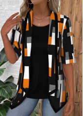 Geometric Print Black Half Sleeve Fake Two Piece Twinset