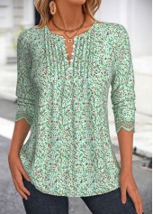 Ditsy Floral Print Grass Green Long Sleeve Blouse