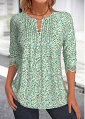 Ditsy Floral Print Grass Green Long Sleeve Blouse