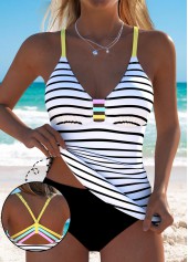 Striped Black Ruched Detail Tankini Top-No Bottom