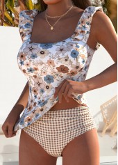 Mid Waisted Floral Print Light Camel Tankini Set