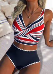 High Waisted Multi Stripe Print Navy Bikini Set