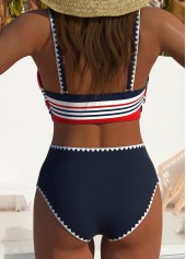 High Waisted Multi Stripe Print Navy Bikini Set
