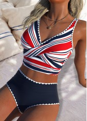 High Waisted Multi Stripe Print Navy Bikini Set