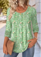 Ditsy Floral Print Light Green 3/4 Sleeve T Shirt