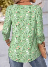 Ditsy Floral Print Light Green 3/4 Sleeve T Shirt