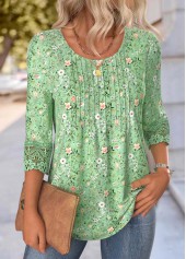 Ditsy Floral Print Light Green 3/4 Sleeve T Shirt