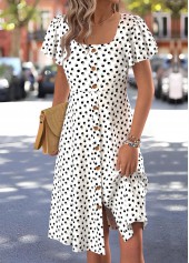 Polka Dot White Short Sleeve Square Neck Dress