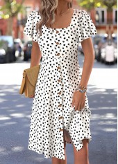 Polka Dot White Short Sleeve Square Neck Dress