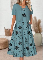 Leaf Print Cyan 3/4 Sleeve Dress and Cardigan