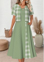 Plaid Light Green 3/4 Sleeve Dress and Cardigan