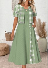 Plaid Light Green 3/4 Sleeve Dress and Cardigan