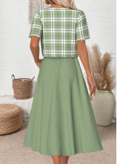 Plaid Light Green 3/4 Sleeve Dress and Cardigan