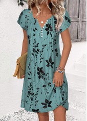 Leaf Print Turquoise Short Split Neck Dress