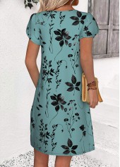 Leaf Print Turquoise Short Split Neck Dress