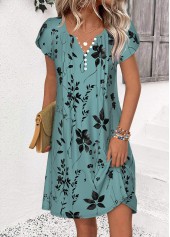 Leaf Print Turquoise Short Split Neck Dress