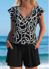 Geometric Print Black One Piece Swimwear