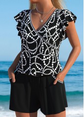 Geometric Print Black One Piece Swimwear